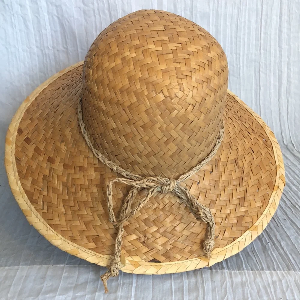 Women wicker thick weave medium brim summer sun hat w/rattan tie